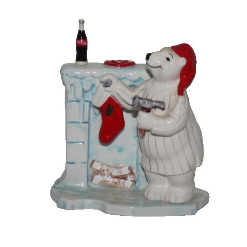 Vintage Coca-Cola Polar Bear Figurine - Bear Hanging Stocking On Fireplace